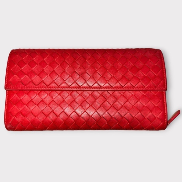 Bottega Veneta Handbags - Bottega Veneta Red Intrecciato Woven Leather Continental Wallet (Authentic